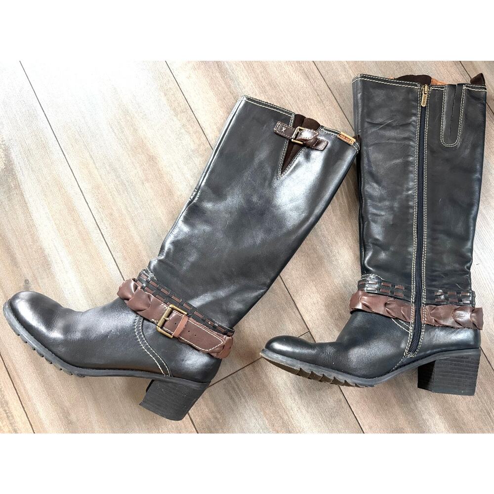 Pikoklinos Vicar Calf Tall Riding Boots Black Brown Zip Up Leather Sz 9.5 / 40